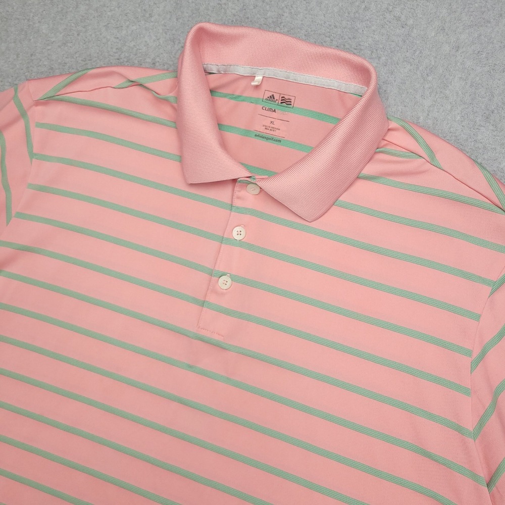 Adidas ClimaCool Men's XL Polo Golf Shirt Pink Green Stripe Fossil Creek Logo